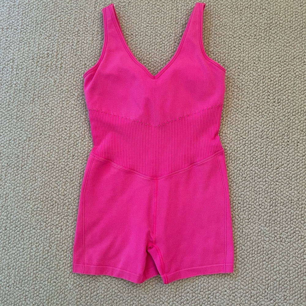 Neon Pink Ribbed V-Neck Exercise Romper